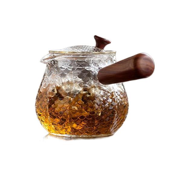 Imagem de 600Ml feito à mão vidro resistente ao calor Bule de chá Pote de infundador de chá com alça de madeira Boiling Tea Kettle Cafeteira Puer Kettle Bules (1 Bule de Pcs(600ml))