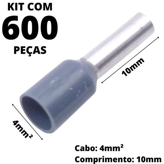 Imagem de 600un Terminal Tubular Ilhós Pré-isolado Simples Para Cabo de 4mm² Metal 10mm Cinza E4010