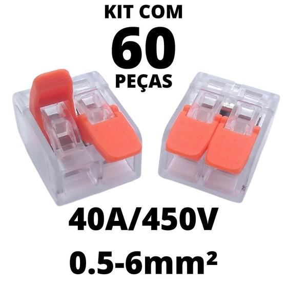 Imagem de 60un Conector Elétrico Emenda Derivação Para Iluminação e Chuveiro 2 vias 6mm² 40A/450V Laranja