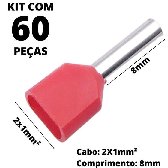 Imagem de 60un Terminal Tubular Ilhós Pré-isolado Duplo Para Cabo de 1,0mm² Metal 8mm Vermelho TE1008