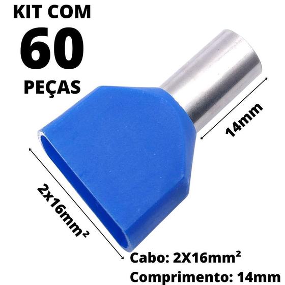 Imagem de 60un Terminal Tubular Ilhós Pré-isolado Duplo Para Cabo de 16mm² Metal 14mm Azul TE1614