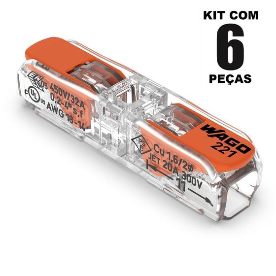 Imagem de 6un Conector Wago 221-2411 2 vias 32A/450V Emenda Linha Reta Original