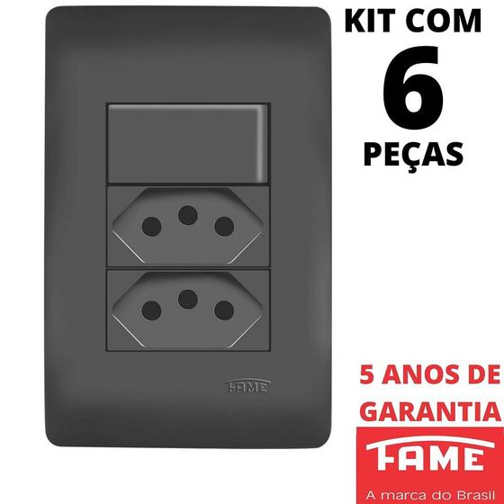 Imagem de 6un Interruptor Paralelo Three Way 10A e Tomada Padrão Dupla 2P+T 10A Com Placa Habitat Black FAME