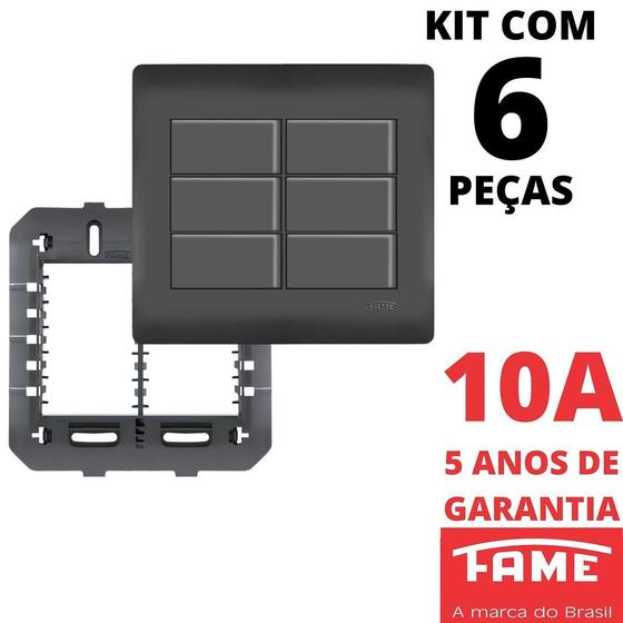 Imagem de 6un Interruptor Simples 10A 6 Teclas Com Placa 4x4 Habitat Black FAME