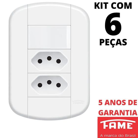 Imagem de 6un Interruptor Simples 16A e Tomada Dupla Padrão 2P+T 10A Com Placa Blanc Mais FAME