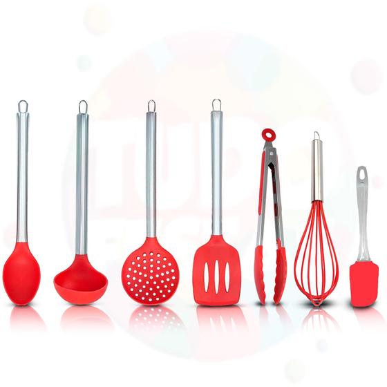 Imagem de 7 Pçs Colheres De Silicone Cabo Inox Conjunto Utensílios De Cozinha Colher Concha Escumadeira Espátula Pinça Pegador Mini Espátula Batedor