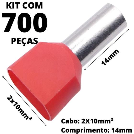 Imagem de 700un Terminal Tubular Ilhós Pré-isolado Duplo Para Cabo de 10mm² Metal 14mm Vermelho TE1014