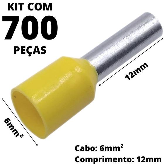 Imagem de 700un Terminal Tubular Ilhós Pré-isolado Simples Para Cabo de 6mm² Metal 12mm Amarelo E6012