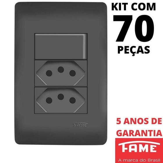 Imagem de 70un Interruptor Paralelo Three Way 10A e Tomada Padrão Dupla 2P+T 10A Com Placa Habitat Black FAME