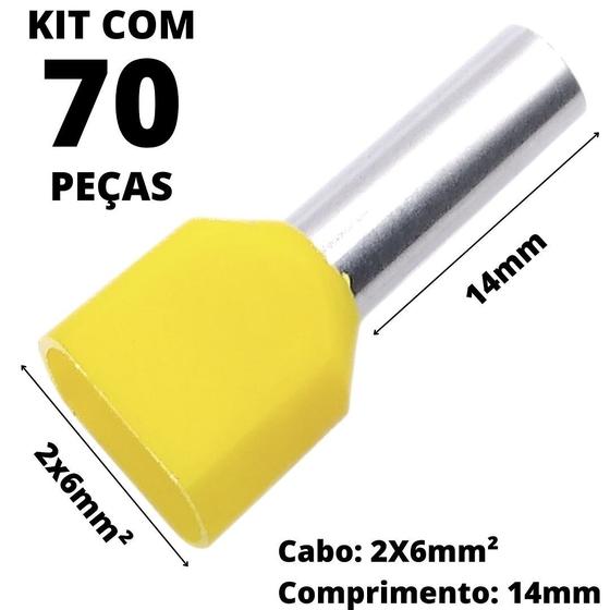 Imagem de 70un Terminal Tubular Ilhós Pré-isolado Duplo Para Cabo de 6,0mm² Metal 14mm Amarelo TE6014