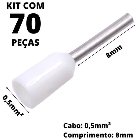 Imagem de 70un Terminal Tubular Ilhós Pré-isolado Simples Para Cabo de 0,50mm² Metal 8mm Branco E0508