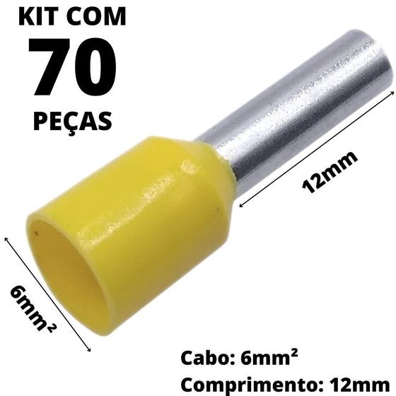 Imagem de 70un Terminal Tubular Ilhós Pré-isolado Simples Para Cabo de 6mm² Metal 12mm Amarelo E6012