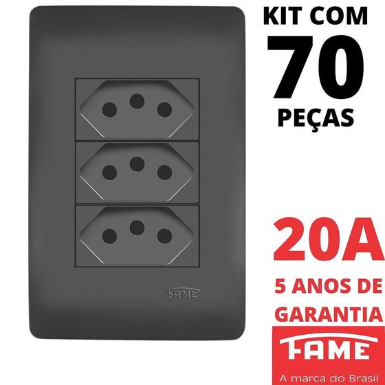 Imagem de 70un Tomada Padrão Tripla 2P+T 20A Com Placa Habitat Black FAME