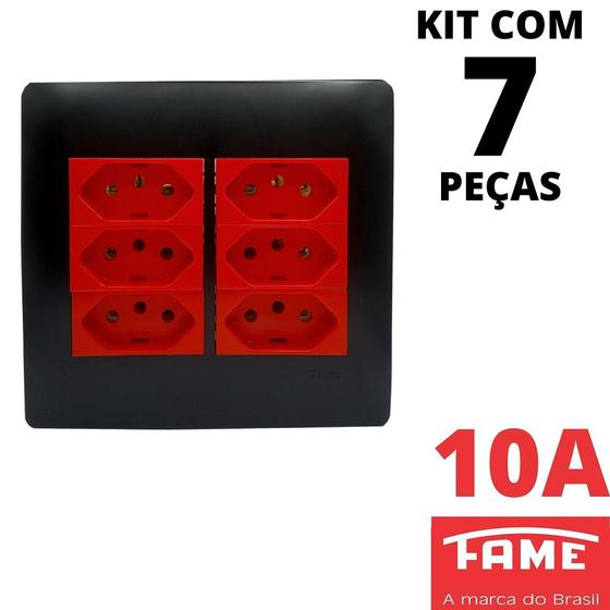 Imagem de 7un Tomada Padrão Sextupla 2P+T 10A 4X4 Vermelha Com Placa Habitat Black FAME