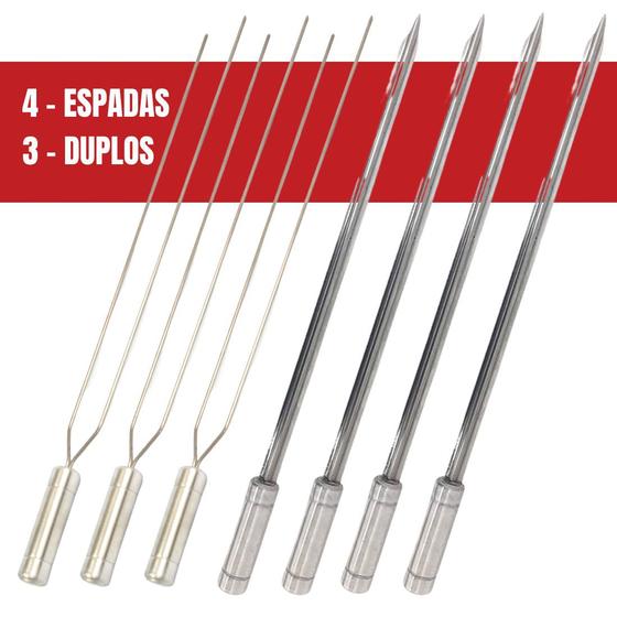 Imagem de 7x Espetos Churrasco Inox Lâmina 80cm 3 Duplos E 4 Espadas