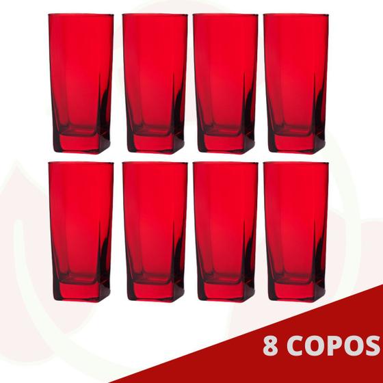 Imagem de 8 Copos Quadrado Vidro Vermelho Bali Mesa Posta Suco 320ml