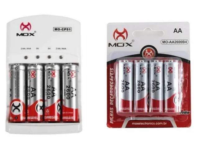 Imagem de 8 Pilhas Recarregáveis Mox Aa 2600 Mah + Carregador Rápido