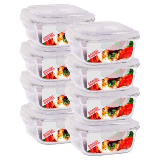 Imagem de 8 Potes Hermetico 800ml Quadrado Vidro Microondas Multiuso