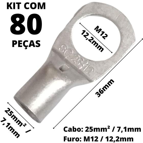 Imagem de 80un Terminal de Compressão Para Cabo de 25mm² Furo M12 SC25-12