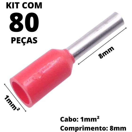 Imagem de 80un Terminal Tubular Ilhós Pré-isolado Simples Para Cabo de 1,0mm² Metal 8mm Vermelho E1008