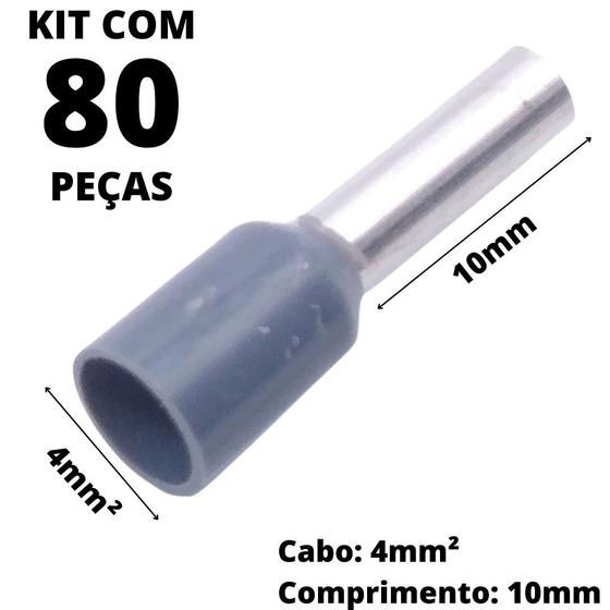 Imagem de 80un Terminal Tubular Ilhós Pré-isolado Simples Para Cabo de 4mm² Metal 10mm Cinza E4010