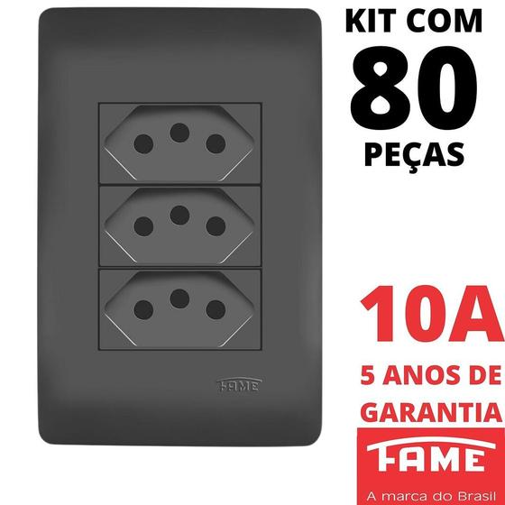 Imagem de 80un Tomada Padrão Tripla 2P+T 10A Com Placa Habitat Black FAME