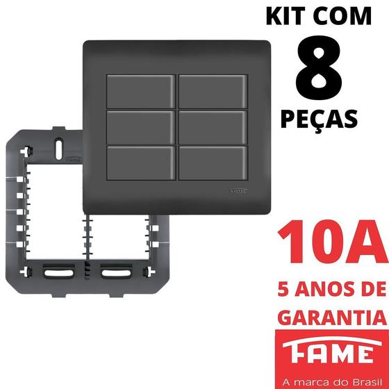 Imagem de 8un Interruptor Paralelo Three Way 10A 6 Teclas Com Placa 4x4 Habitat Black FAME