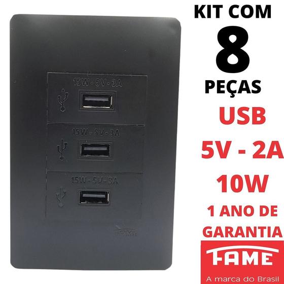 Imagem de 8un Tomada Tripla USB Bivolt 15W 5V 3A Com Placa Habitat Black FAME