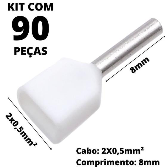 Imagem de 90un Terminal Tubular Ilhós Pré-isolado Duplo Para Cabo de 0,50mm² Metal 8mm Branco TE0508