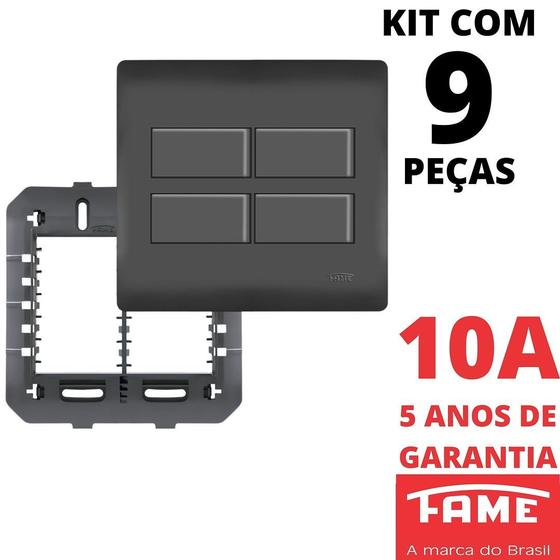 Imagem de 9un Interruptor Paralelo Three Way 4 Teclas 10A Com Placa 4x4 Habitat Black FAME