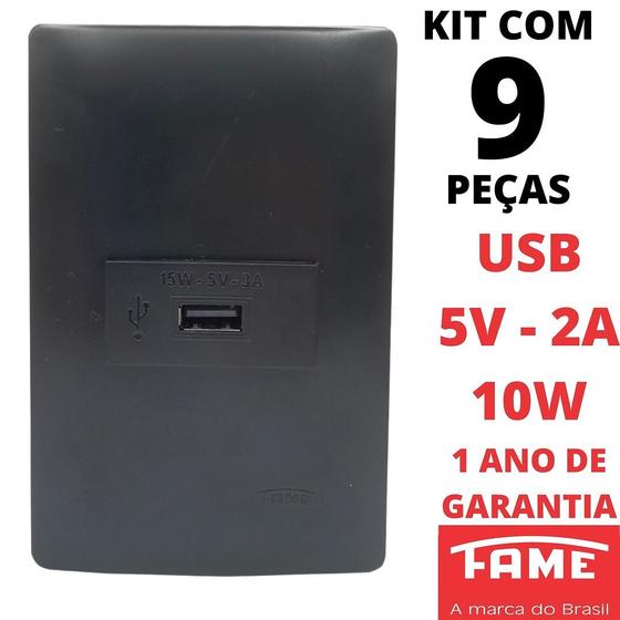 Imagem de 9un Tomada USB Bivolt 15W 5V 3A Com Placa Habitat Black FAME