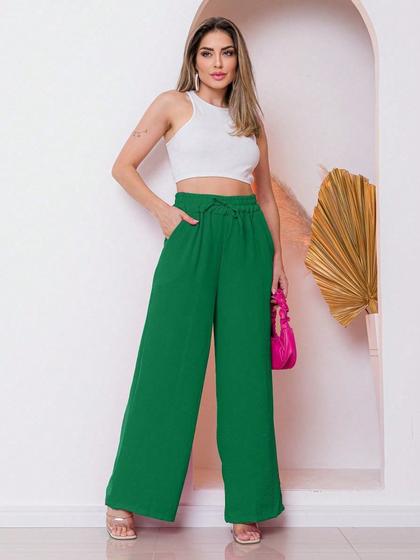 Imagem de A-Lows A&L Calça Feminina Wide Leg Flare Social Cintura Elástico Alfaiataria Pantalona tecido De Duna molinho e fresco Cores Verão Super Confortavel