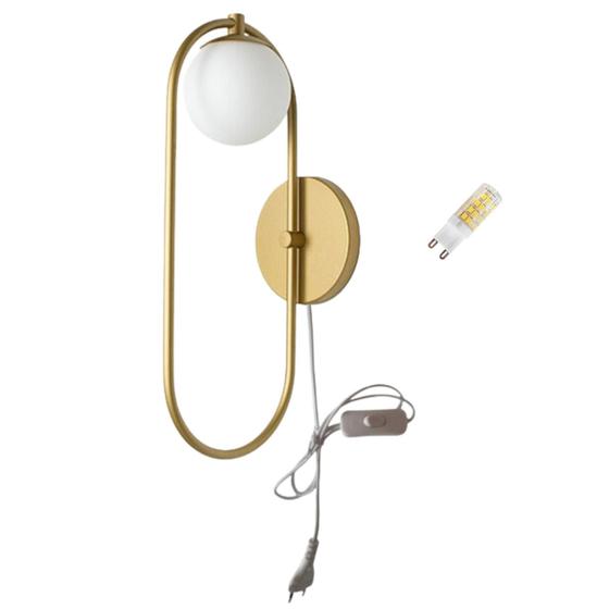 Imagem de Abajur Arandela Oval Arco Dourado Interruptor Branco + Led