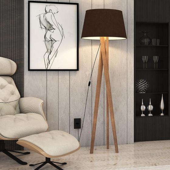 Abajur de Chão Luminária Tripé Madeira Cúpula Tecido Flórida Home A.S