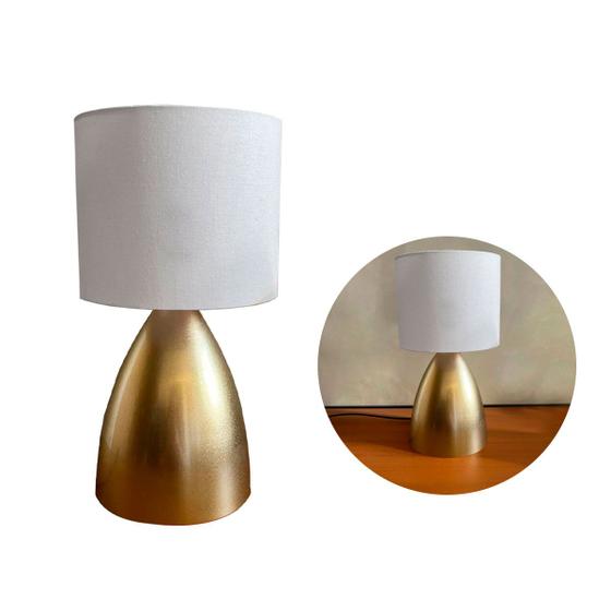 Imagem de Abajur de Mesa Dourado Bojudo Bivolt Com Cúpula algodão Para Cabeceira, Cama, Quarto, Sala, Escritório