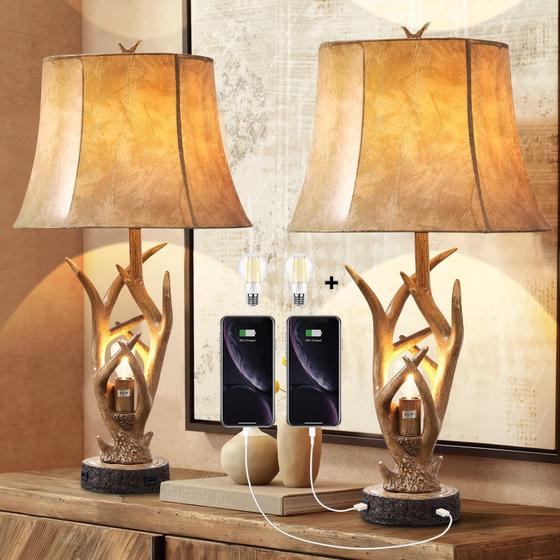 Imagem de Abajur de Mesa Dungoo - Estilo Rústico Western com Veado - Conjunto com 2 Peças e Luz Noturna