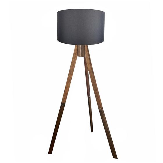 Abajur luminaria de chao tripe piso sala madeira 1,50 m cupula preta