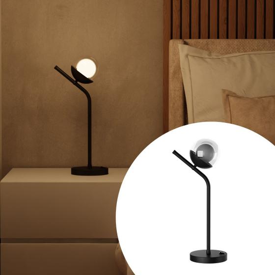 Imagem de Abajur Luminária de mesa Inclinado Jabuticaba Preto com Vidro Globo Transparente