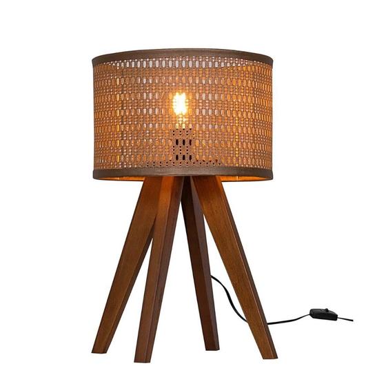 Imagem de Abajur Pequeno Base De Madeira Rustico Cupula Telinha Rattan