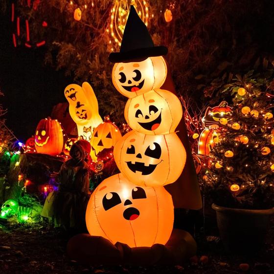 Imagem de Abóboras empilhadas infláveis de Halloween de 2,1 m com chapéu de bruxa