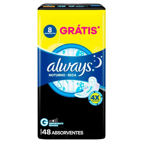 Absorvente Always Noturno Seca Tamanho G com Abas 48 Unidades Menor preço em Absorvente Always Noturno Seca Tamanho G com Abas 48 Unidades