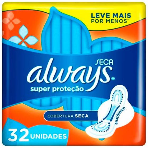 Absorvente Always Super Proteção Cobertura Seca - 32 Unidades Menor preço em Absorvente Always Super Proteção Cobertura Seca - 32 Unidades
