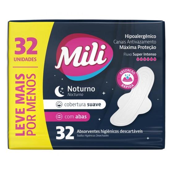 Imagem de Absorvente Noturno Mili Suave com Abas 32 Unidades Máxima Proteção e Conforto