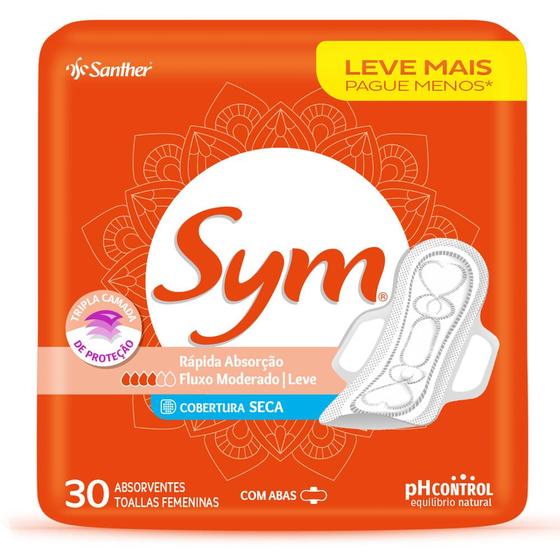 Imagem de Absorvente Sym Cobertura Seca com Abas 30 Unidades Leve Mais Por Menos