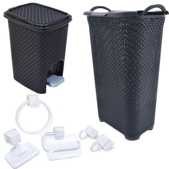 Imagem de Acessório Banheiro 5Pç Branco +Cesto 50L e Lixeira Rattan 7L