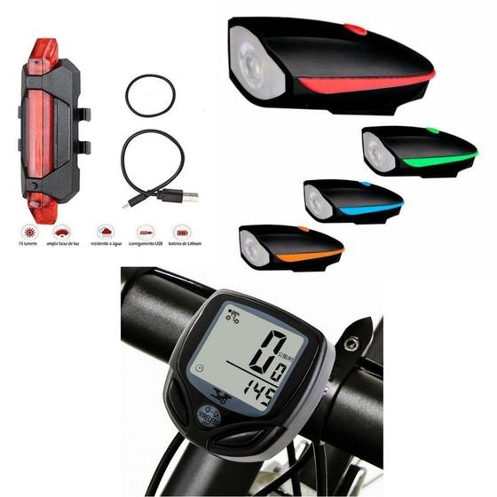 Imagem de Acessórios de bike Lanterna Traseira e frontal + Velocímetro sem fio 3 itens