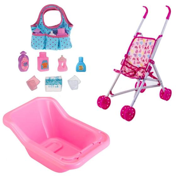 Imagem de Acessórios P/ Boneca Banheira Rosa + Carrinho e Bolsinha