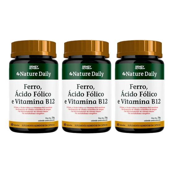 Imagem de Ácido Fólico, Ferro com Vitamina B12 Nature Daily 60 Cápsulas Kit com 3 unidades