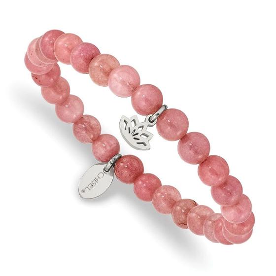 Imagem de Aço Inoxidável Polido Lotus Rosa Jade Beaded Stretch Brac