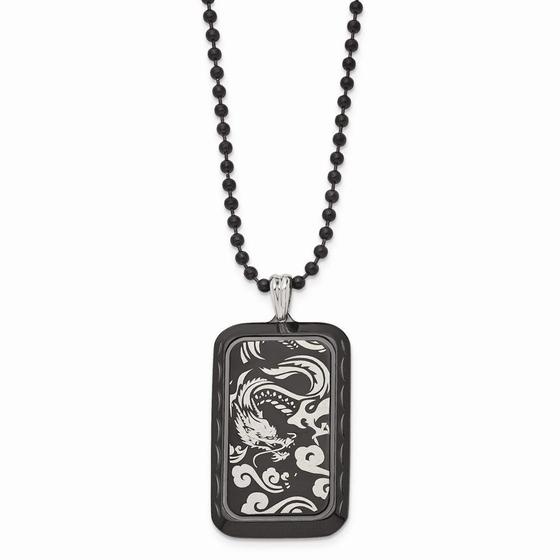 Imagem de Aço inoxidável preto IP-chapeado com Dragon Dog Tag Colar